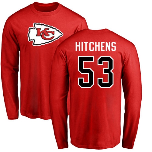 Men Kansas City Chiefs #53 Hitchens Anthony Red Name and Number Logo Long Sleeve NFL T Shirt->nfl t-shirts->Sports Accessory